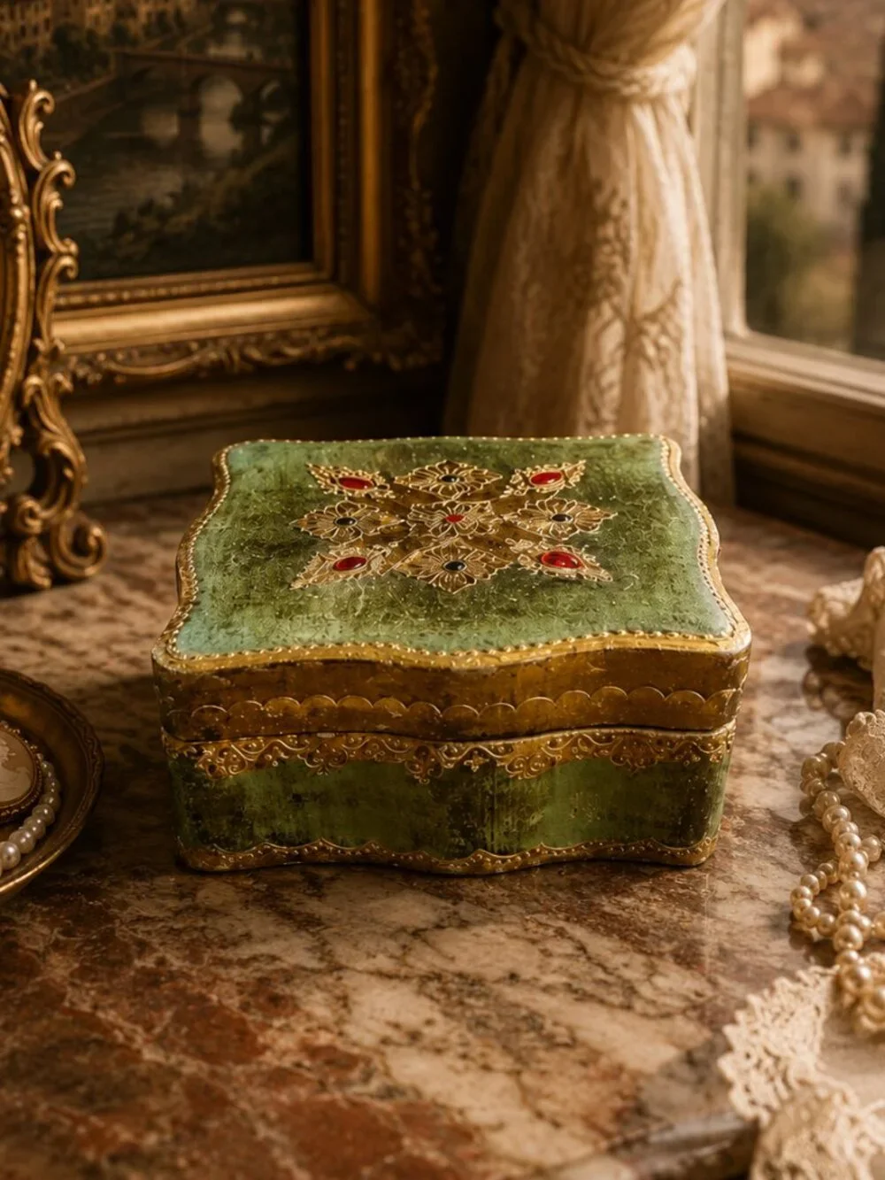 Vintage Italian Florentine Gold Leaf Gilt Hand-Painted Carved Wooden Jewelry Box